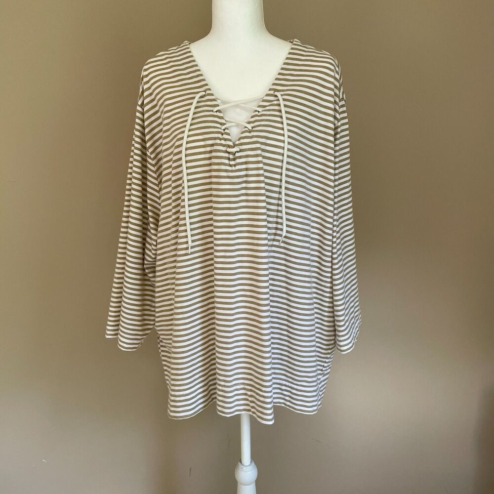 Blair Nautical Striped Cotton Blend 3XL Coastal Casual Comfy Top Laced Tie Neck
